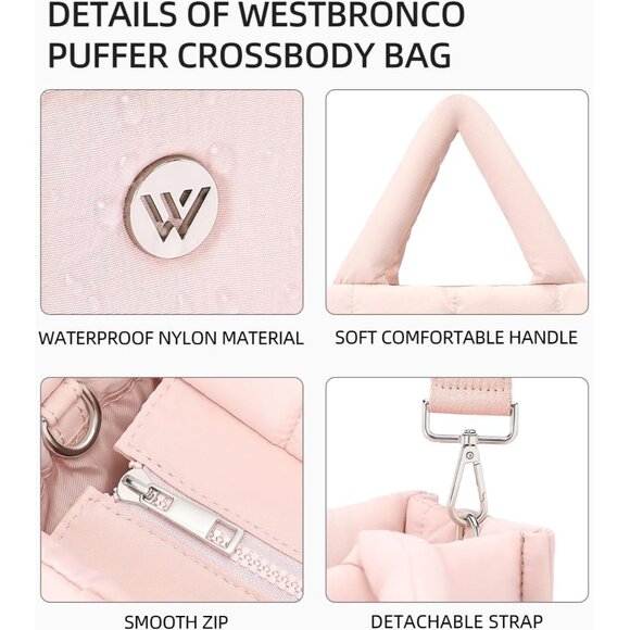 Pink Womens Quilted Nylon Tote Shoulder Bag Puffy Weekender Overnight Bag Lightw - Picture 4 of 6